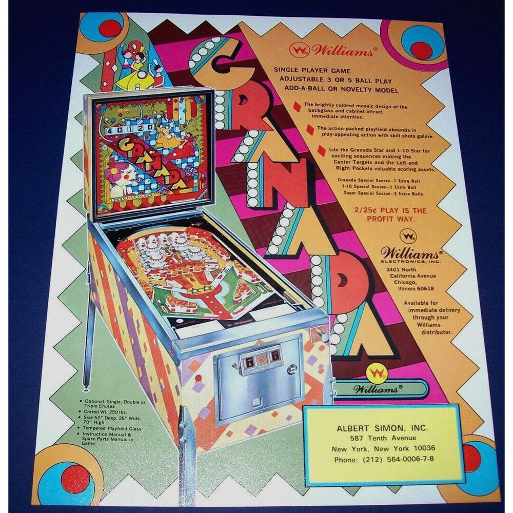 Granada Pinball FLYER Original NOS 1972 Game Artwork Sheet Spain Themed